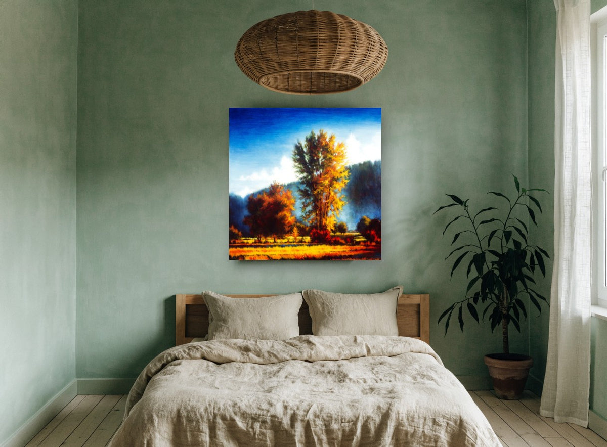 Golden Poplar Morning landscape canvas print on the wall of a bedroom