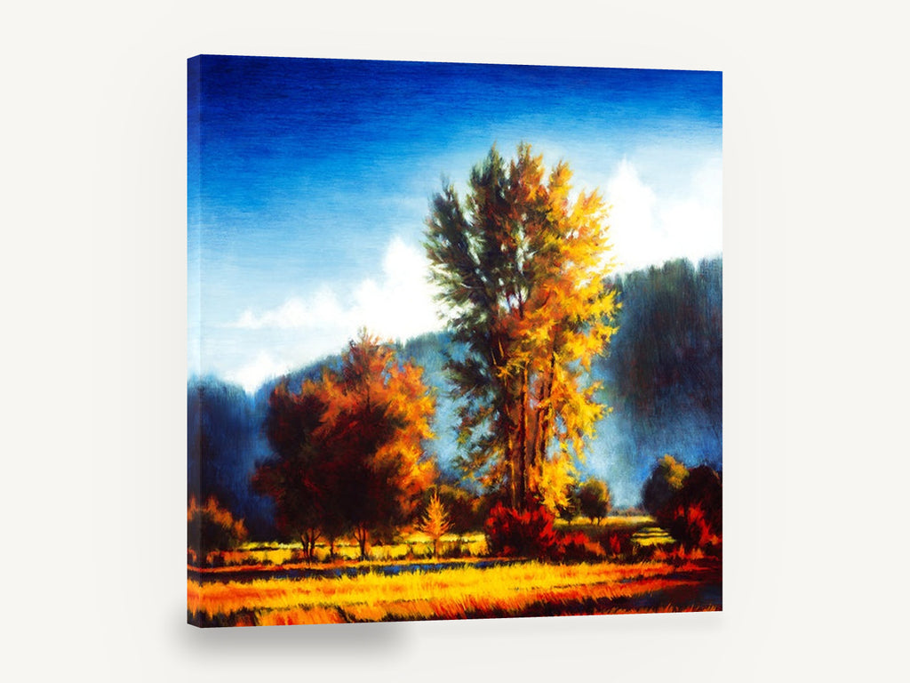 Golden Poplar Morning, autumn poplar valley landscape painting, landscape canvas wall art print ready to hang