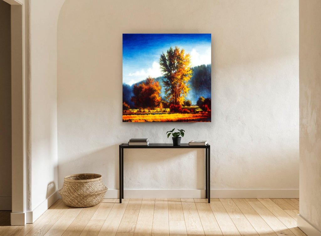 Golden Poplar Morning landscape canvas print on the wall of a hallway