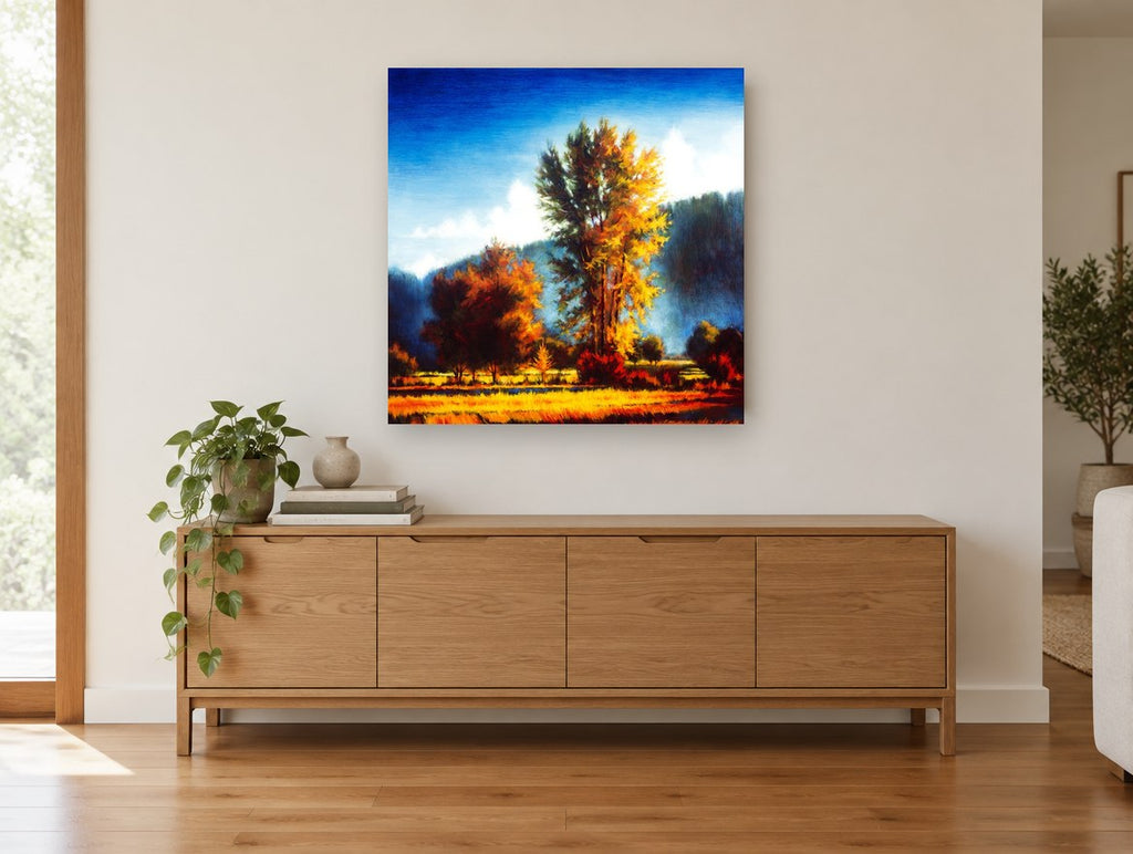 Golden Poplar Morning landscape canvas print on the wall of a living room above a sideboard
