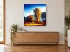 Golden Poplar Morning landscape canvas print on the wall of a living room above a sideboard