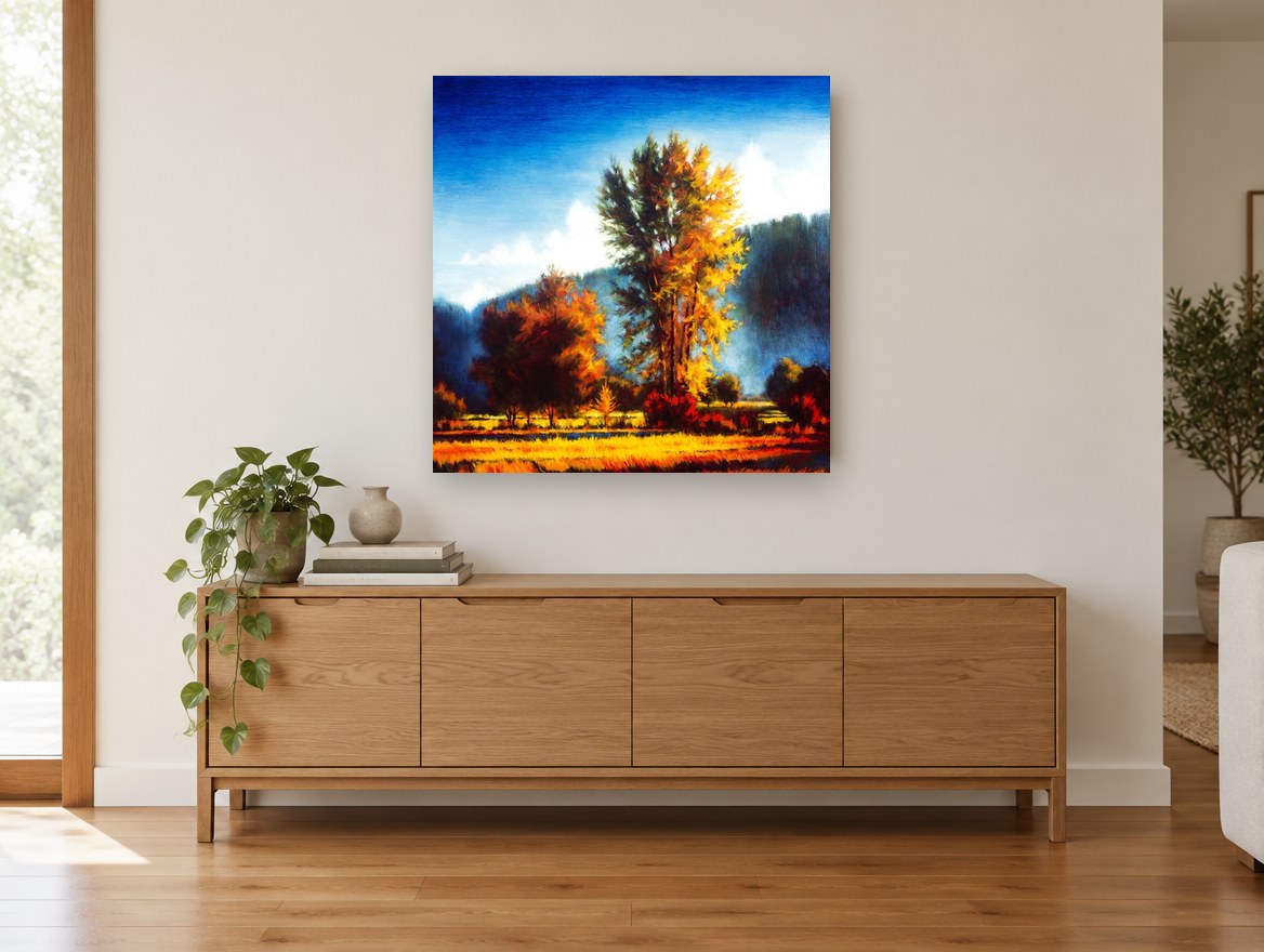Golden Poplar Morning landscape canvas print on the wall of a living room above a sideboard