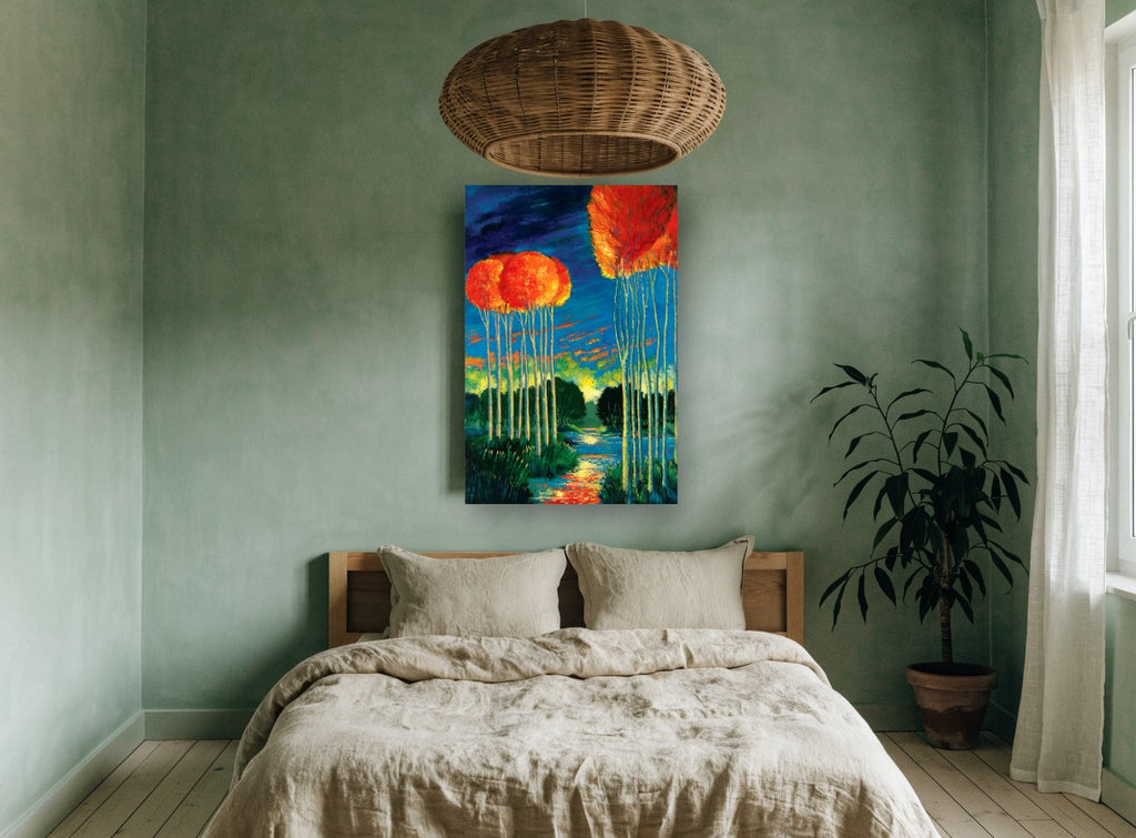 Ember Crowns at Dusk landscape canvas print on the wall of a bedroom