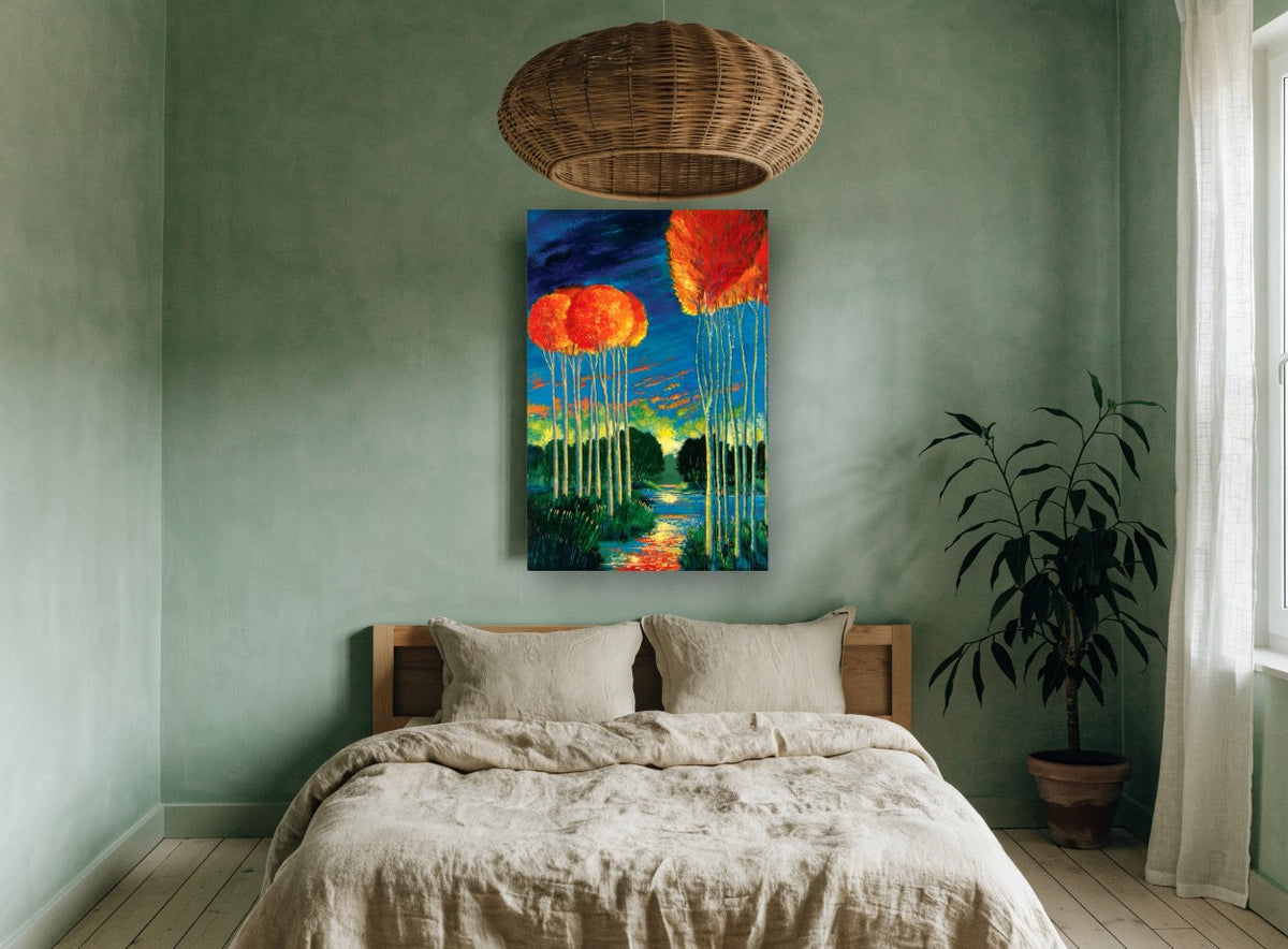 Ember Crowns at Dusk landscape canvas print on the wall of a bedroom