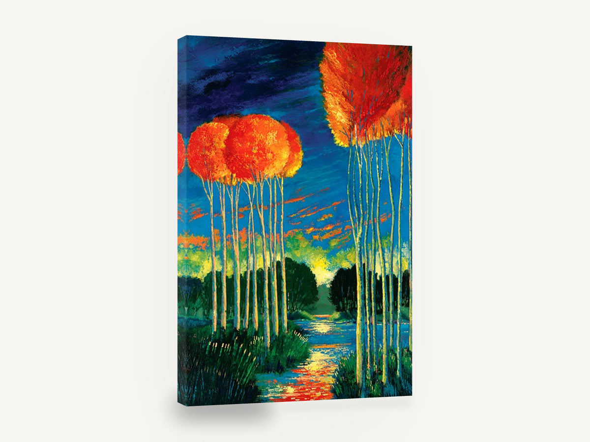 Ember Crowns at Dusk, tall orange trees twilight landscape, landscape canvas wall art print ready to hang