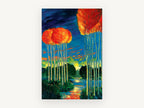 Ember Crowns at Dusk, tall orange trees twilight landscape, landscape canvas wall art print, front view