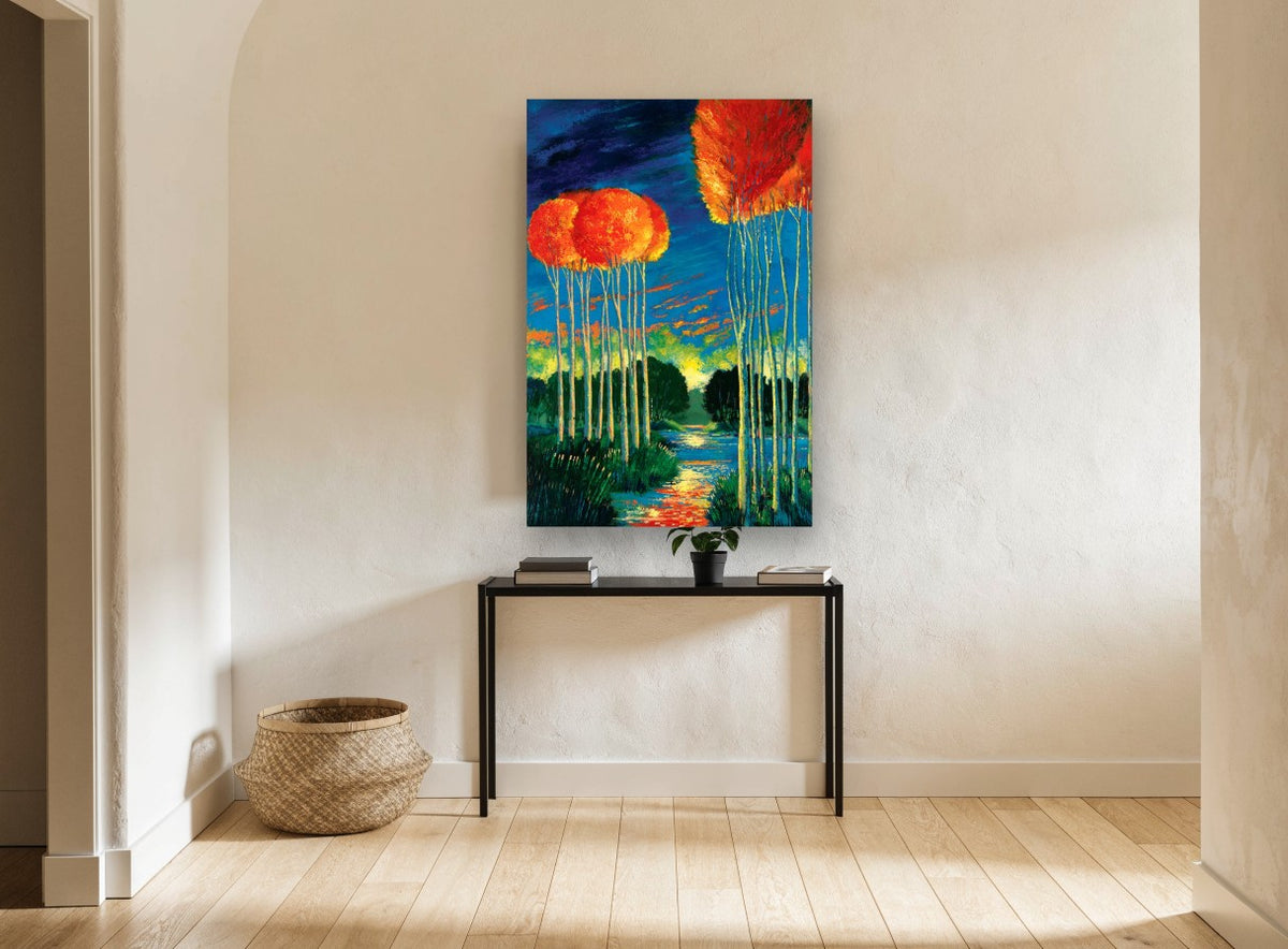 Ember Crowns at Dusk landscape canvas print on the wall of a hallway