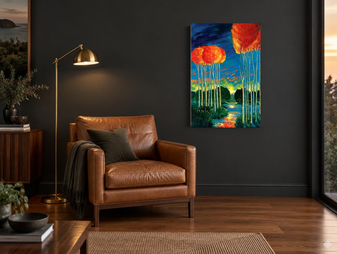 Ember Crowns at Dusk landscape canvas print on the wall of a charcoal living room