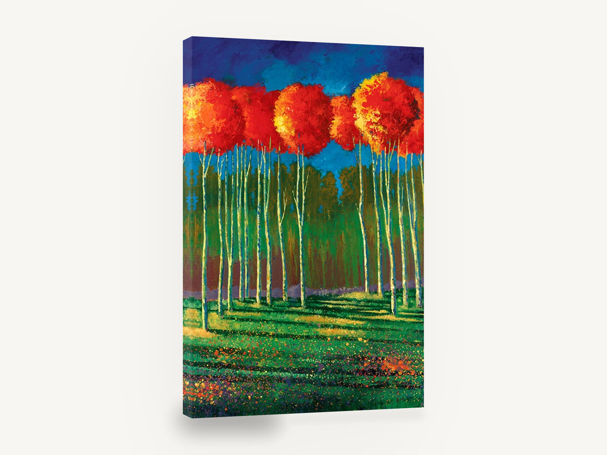 Crimson Crowns Grove, red canopy birch forest painting, landscape canvas wall art print ready to hang