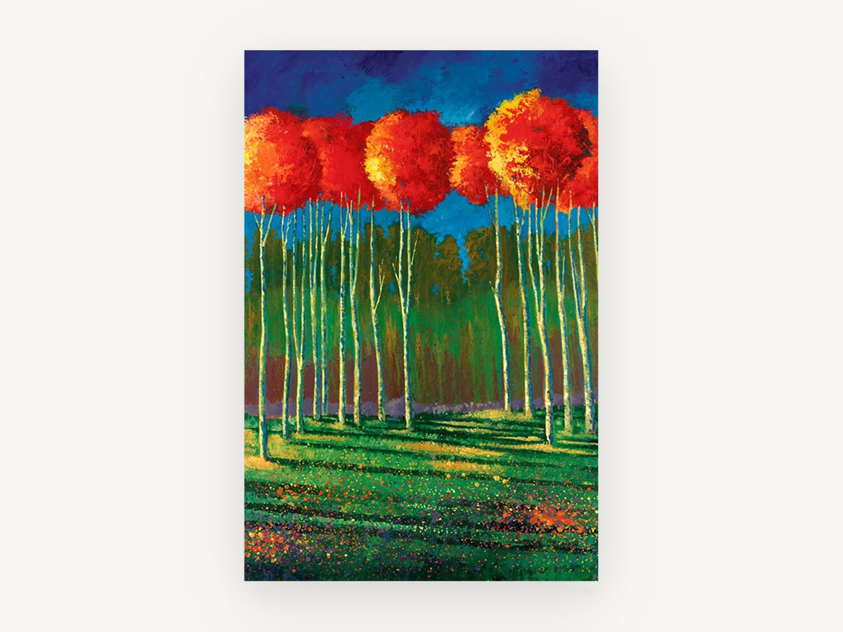 Crimson Crowns Grove, red canopy birch forest painting, landscape canvas wall art print, front view