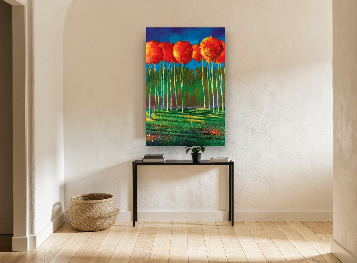 Crimson Crowns Grove landscape canvas print on the wall of a hallway