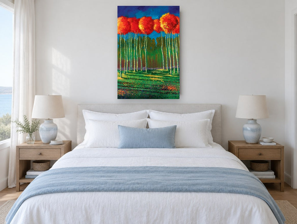 Crimson Crowns Grove landscape canvas print on the wall of a bedroom