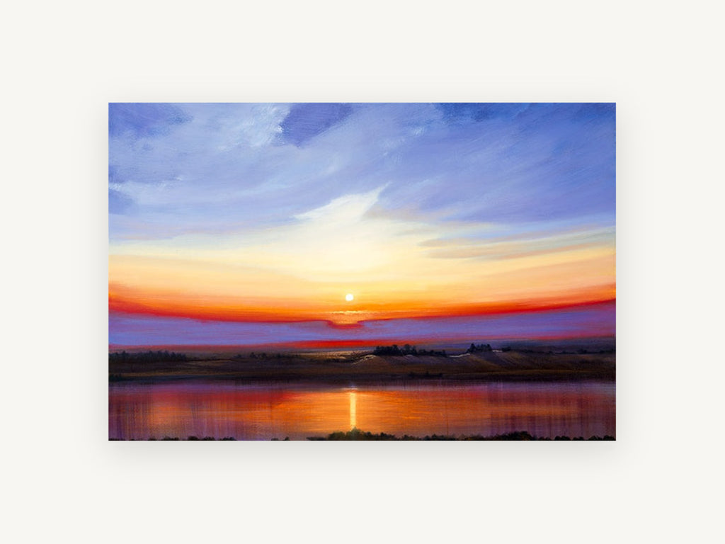 Sunset Over Still Water, sunset lake reflection landscape painting, landscape canvas wall art print, front view