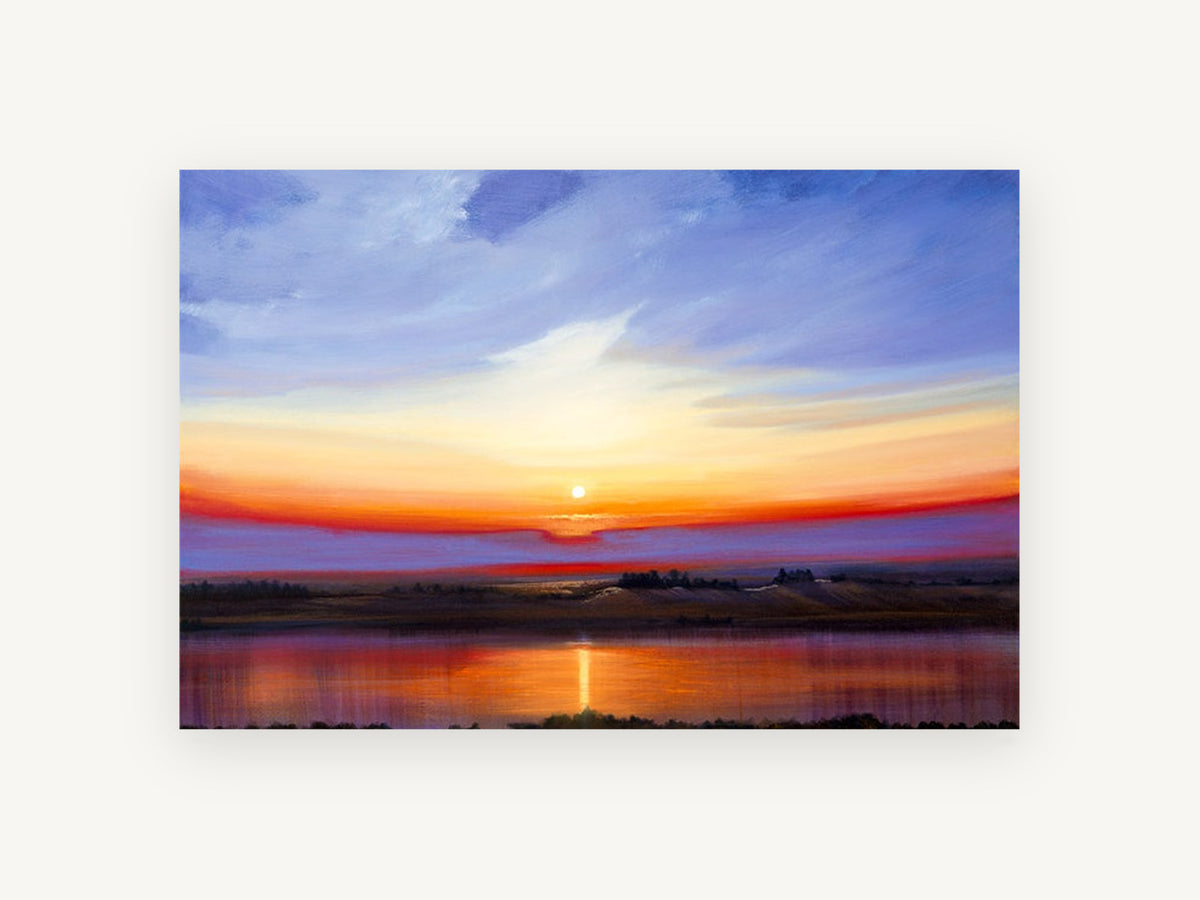 Sunset Over Still Water, sunset lake reflection landscape painting, landscape canvas wall art print, front view