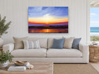 Sunset Over Still Water landscape canvas print on the wall of a beach house living room