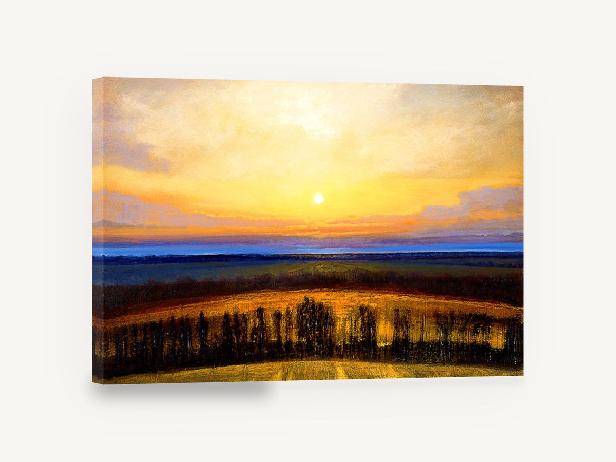 Golden Hour Fields, golden sunset over farm fields, landscape canvas wall art print ready to hang