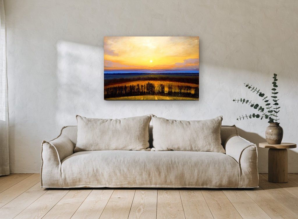 Golden Hour Fields landscape canvas print on the wall of a living room