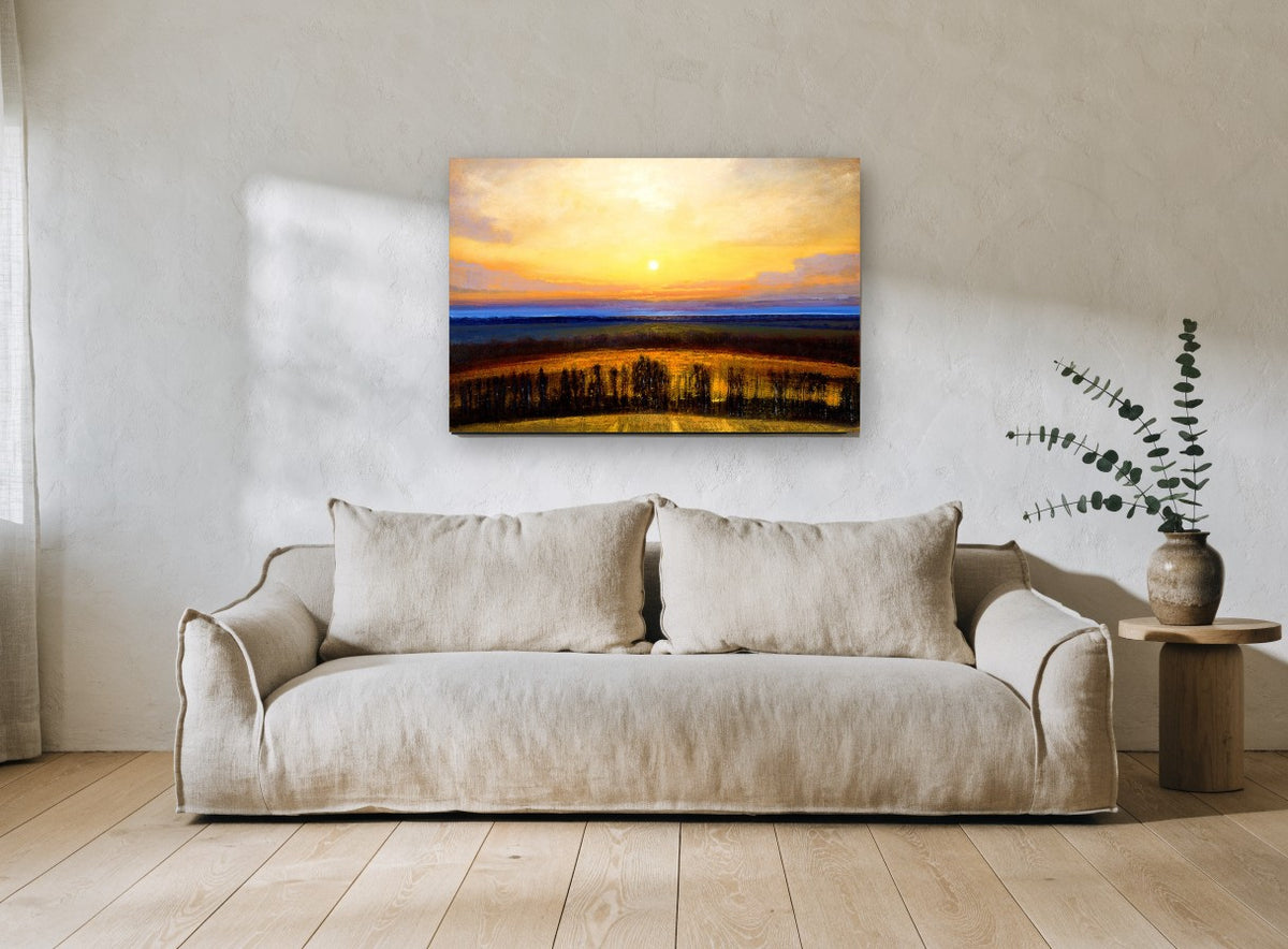 Golden Hour Fields landscape canvas print on the wall of a living room