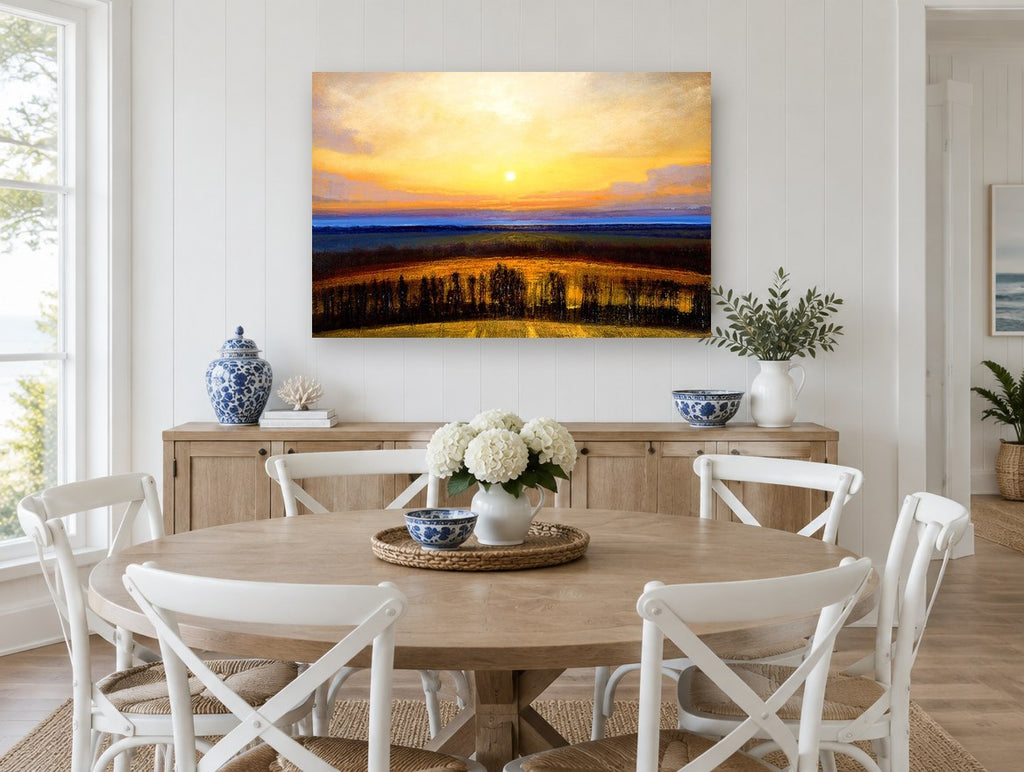Golden Hour Fields landscape canvas print on the wall of a Hamptons dining room