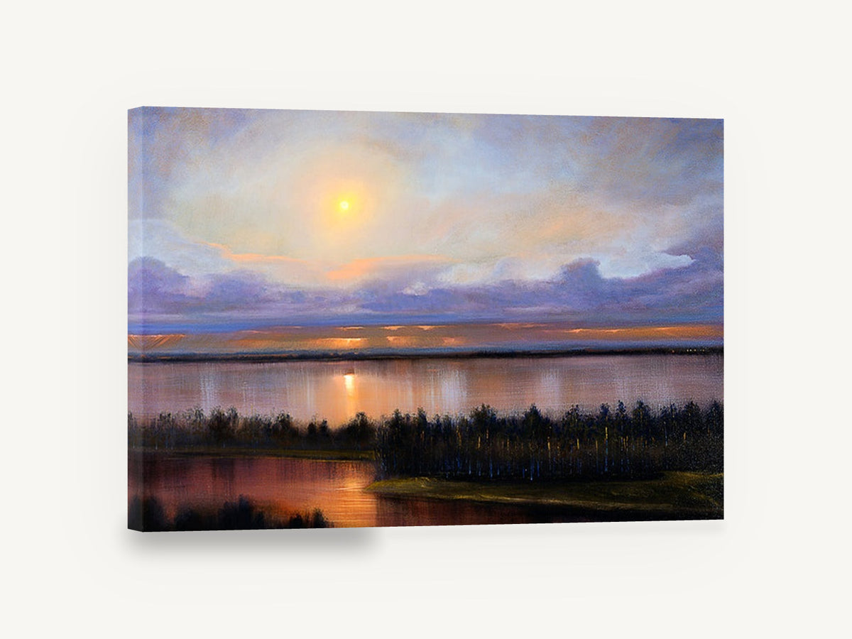 Lilac Dusk Lagoon, sunset over calm lake painting, landscape canvas wall art print ready to hang