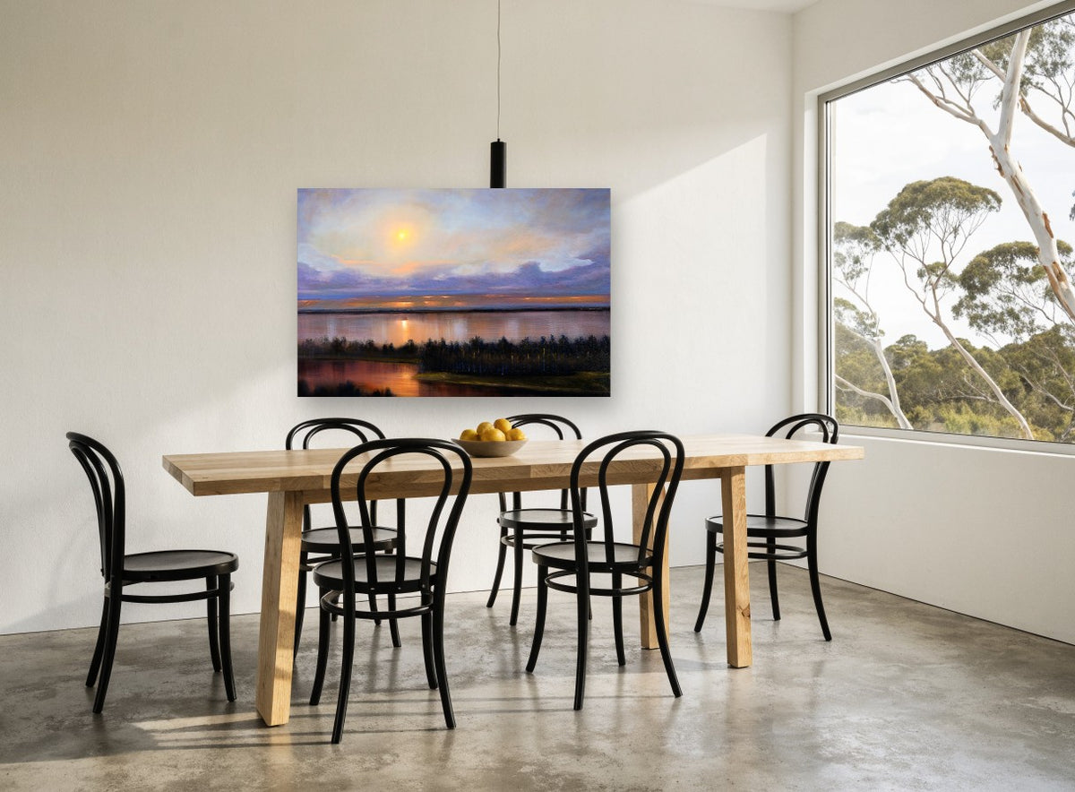 Lilac Dusk Lagoon landscape canvas print on the wall of a dining room