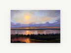 Lilac Dusk Lagoon, sunset over calm lake painting, landscape canvas wall art print, front view