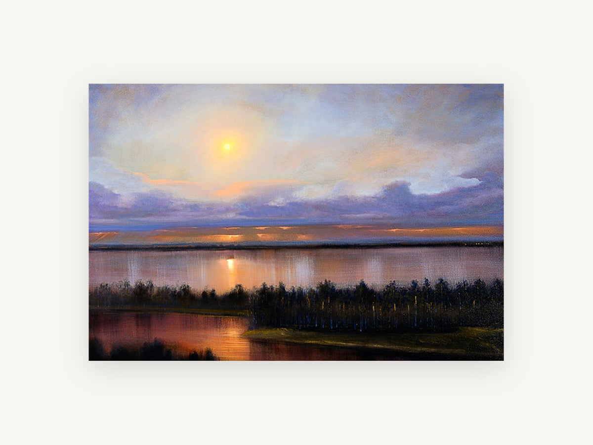 Lilac Dusk Lagoon, sunset over calm lake painting, landscape canvas wall art print, front view