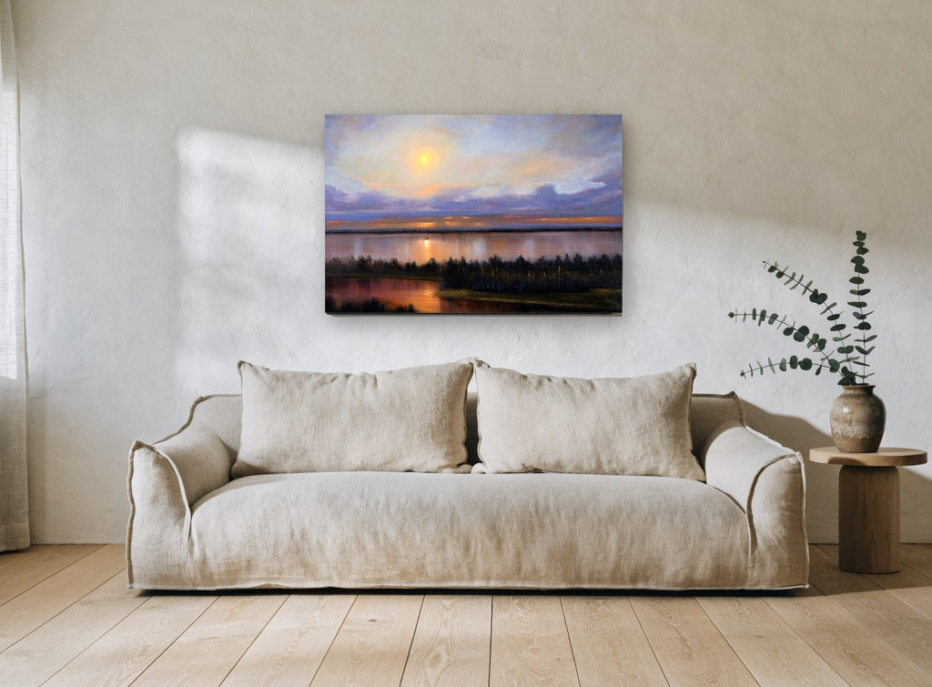 Lilac Dusk Lagoon landscape canvas print on the wall of a living room