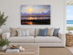 Lilac Dusk Lagoon landscape canvas print on the wall of a beach house living room