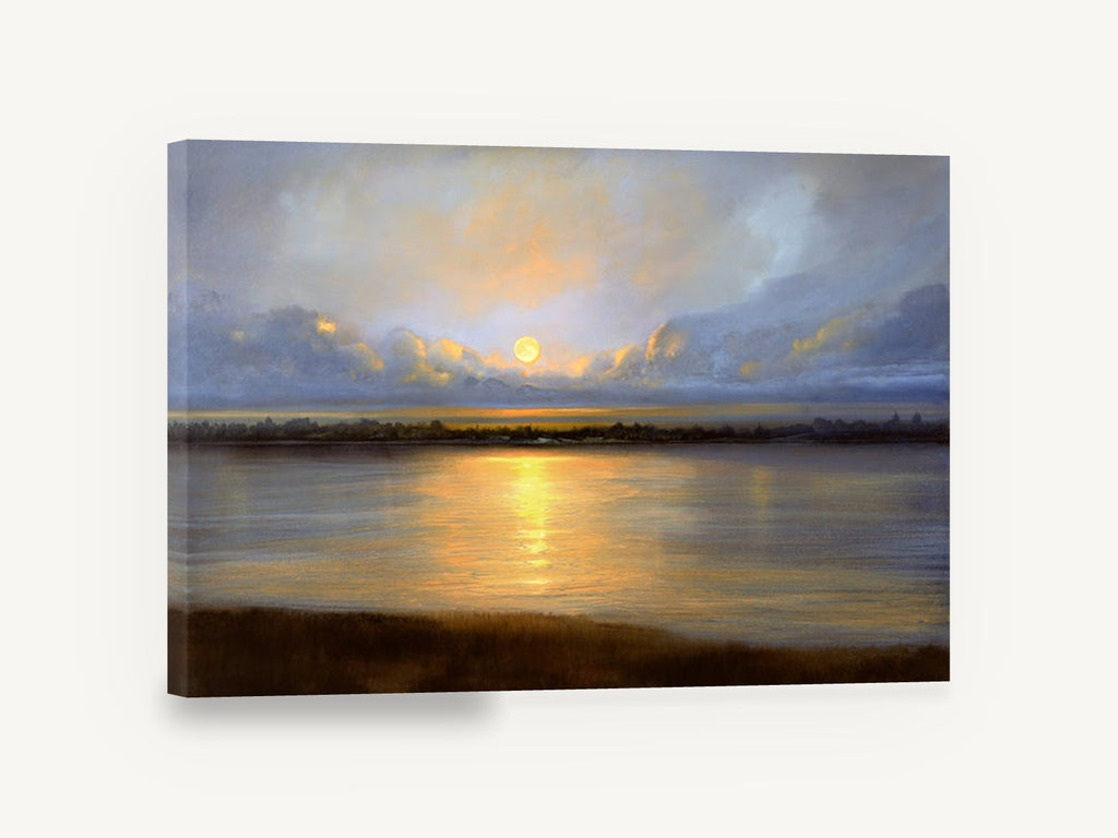 Golden Moon Over Water, golden moon lake sunset painting, landscape canvas wall art print ready to hang