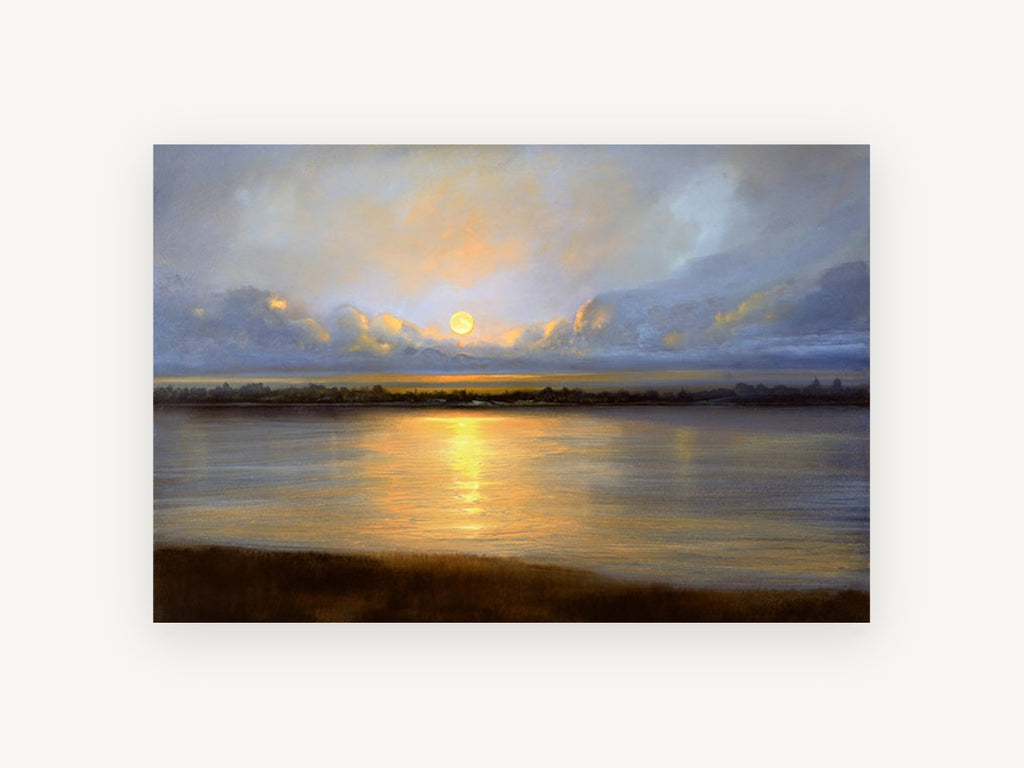 Golden Moon Over Water, golden moon lake sunset painting, landscape canvas wall art print, front view