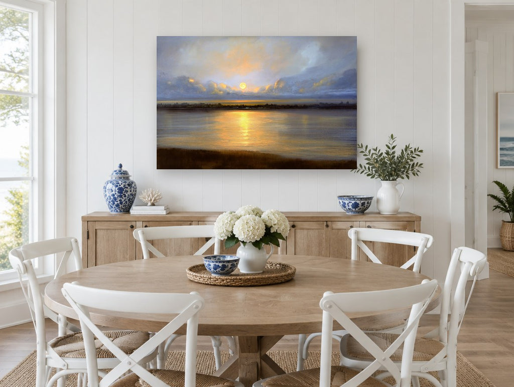 Golden Moon Over Water landscape canvas print on the wall of a Hamptons dining room