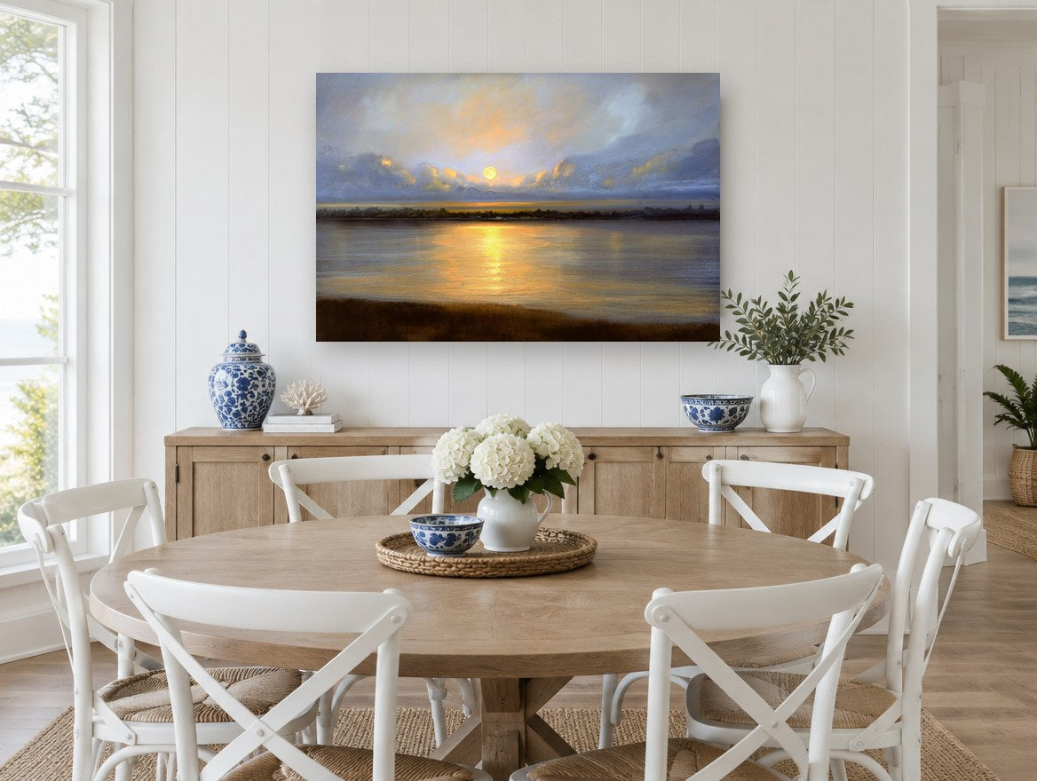 Golden Moon Over Water landscape canvas print on the wall of a Hamptons dining room