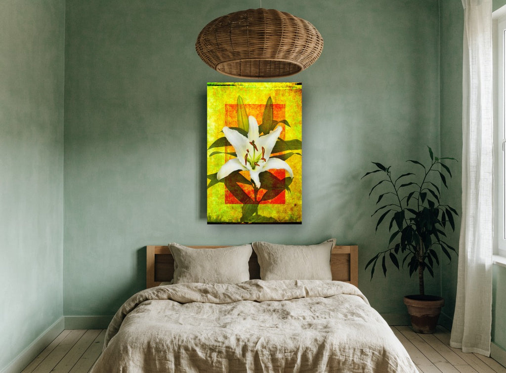White Lily on Gold floral canvas print on the wall of a bedroom