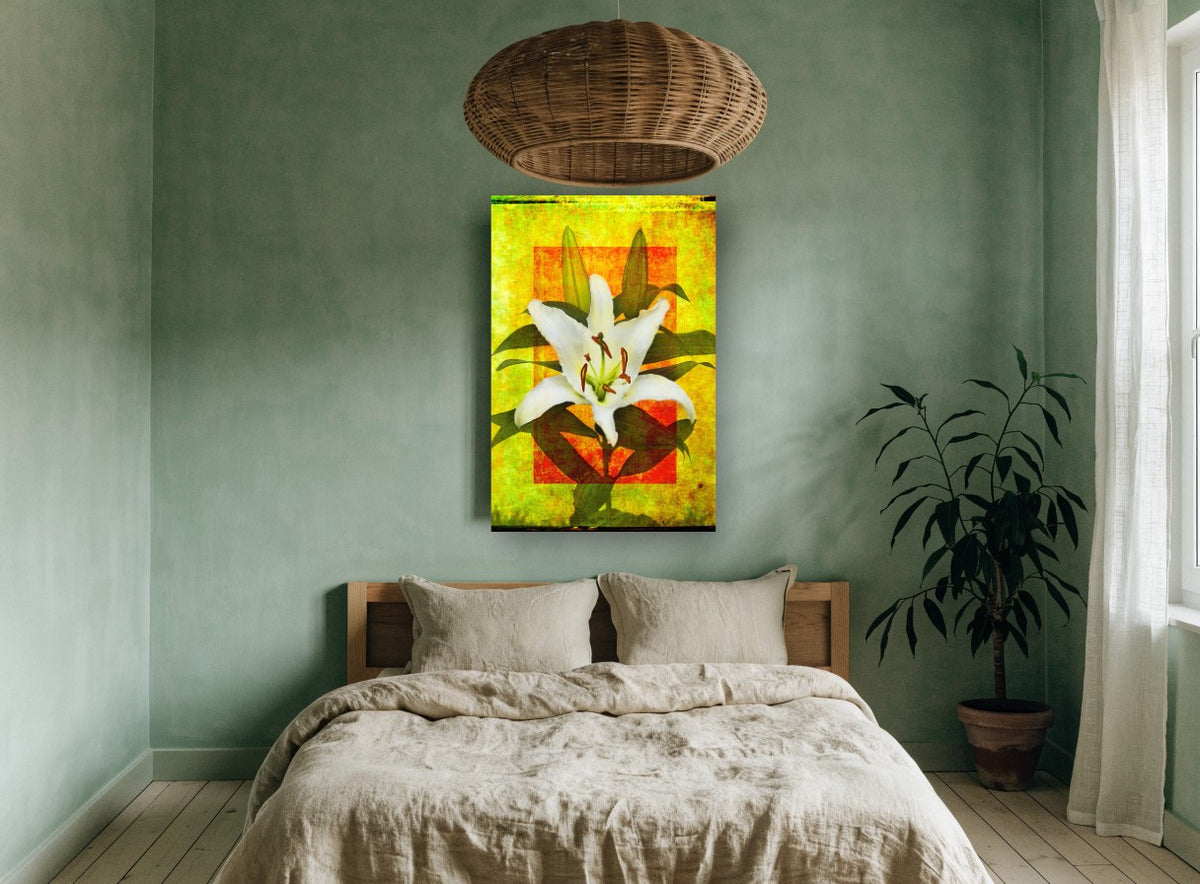 White Lily on Gold floral canvas print on the wall of a bedroom