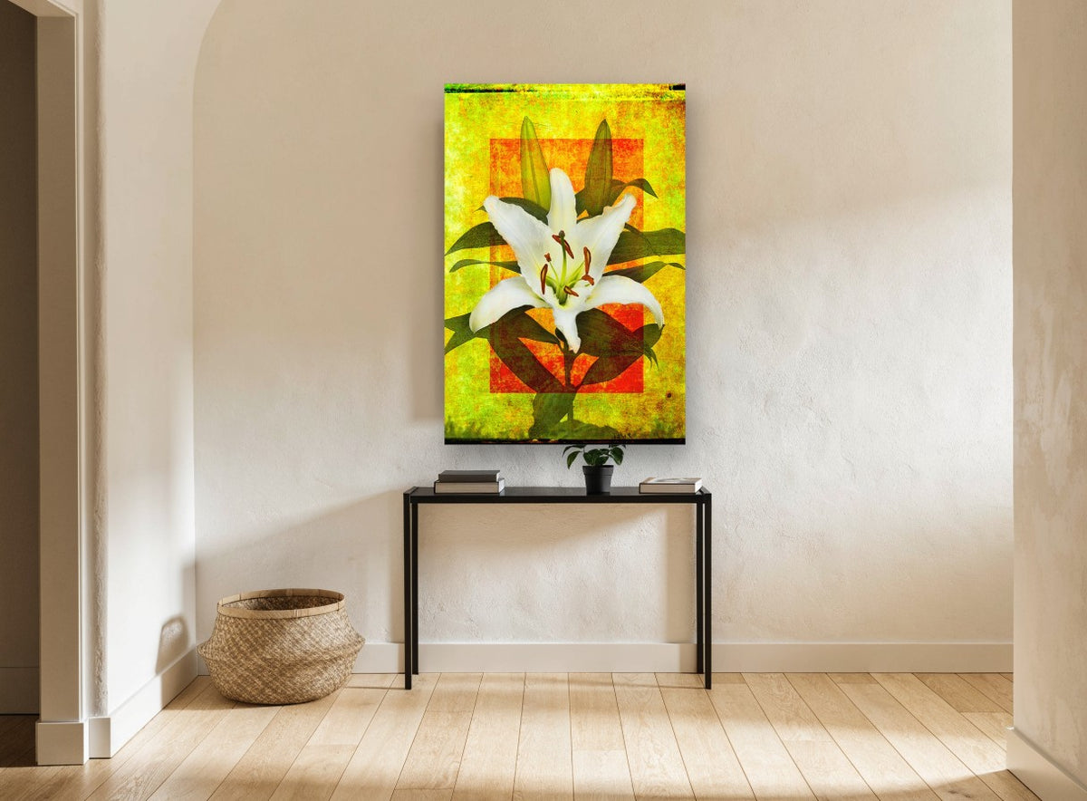 White Lily on Gold floral canvas print on the wall of a hallway
