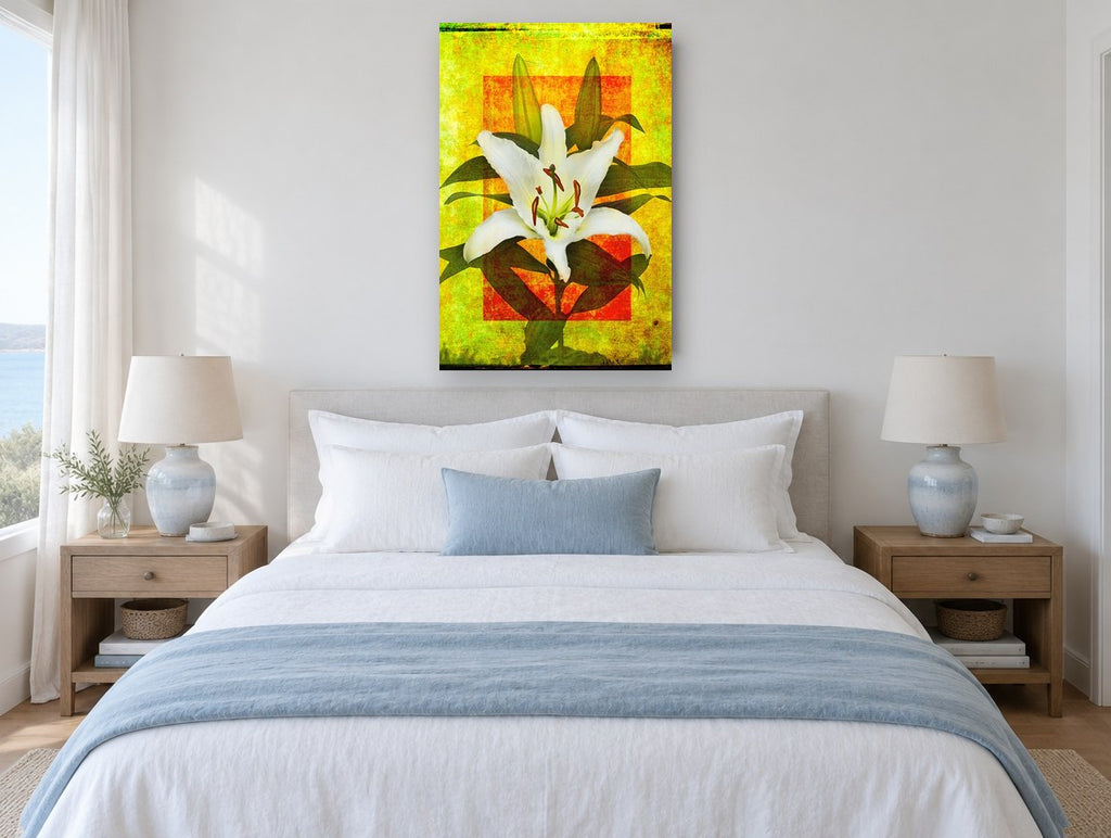 White Lily on Gold floral canvas print on the wall of a coastal bedroom