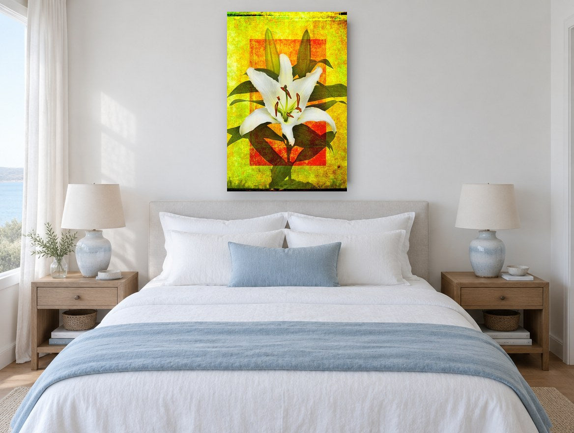 White Lily on Gold floral canvas print on the wall of a coastal bedroom
