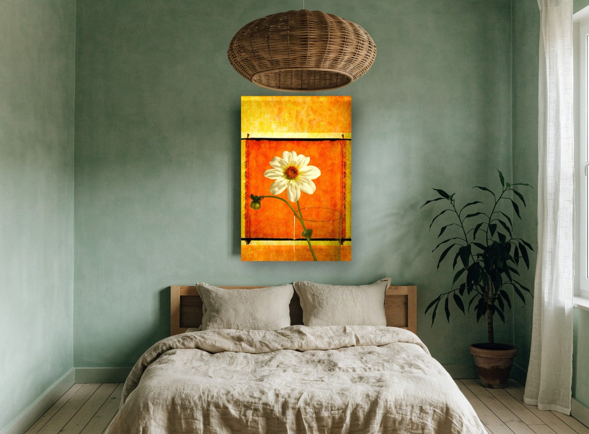 White Dahlia Sunburst floral canvas print on the wall of a bedroom