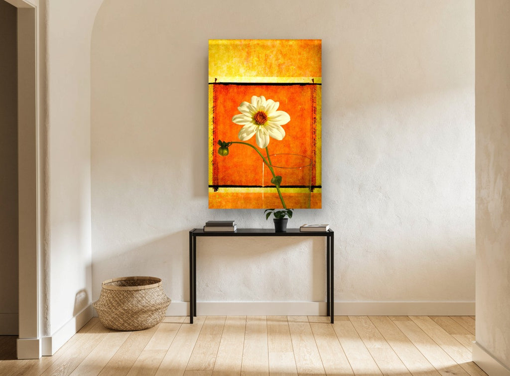 White Dahlia Sunburst floral canvas print on the wall of a hallway