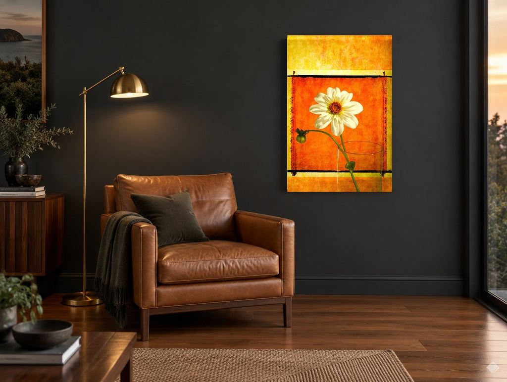 White Dahlia Sunburst floral canvas print on the wall of a charcoal living room