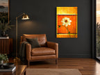 White Dahlia Sunburst floral canvas print on the wall of a charcoal living room