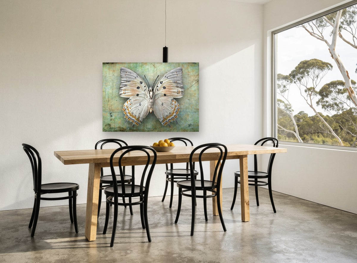 Pale Jewel Butterfly animal canvas print on the wall of a dining room