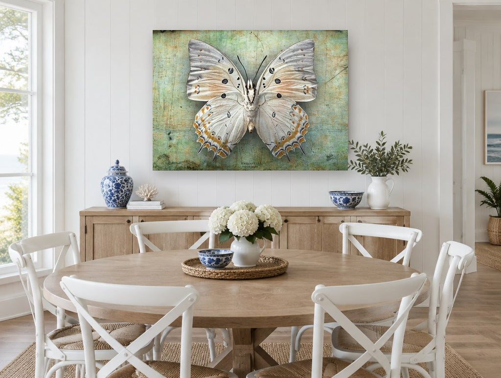 Pale Jewel Butterfly animal canvas print on the wall of a Hamptons dining room