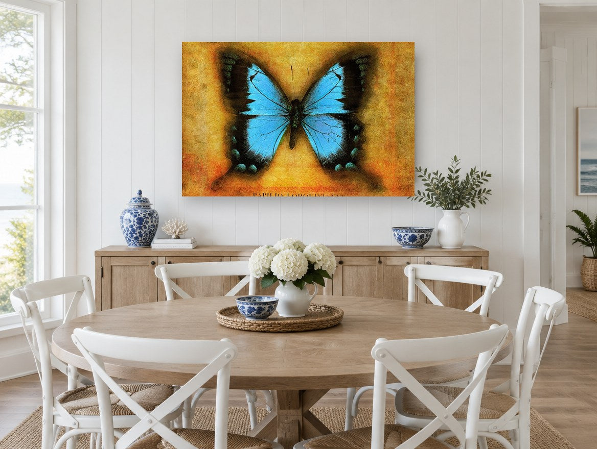 Blue Swallowtail on Amber animal canvas print on the wall of a Hamptons dining room