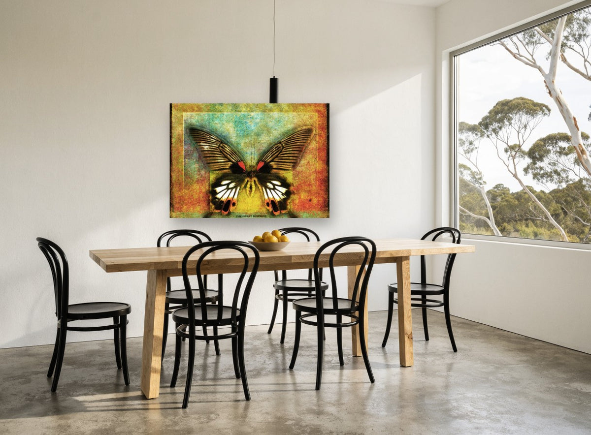 Mormon Butterfly Textured Panel animal canvas print on the wall of a dining room