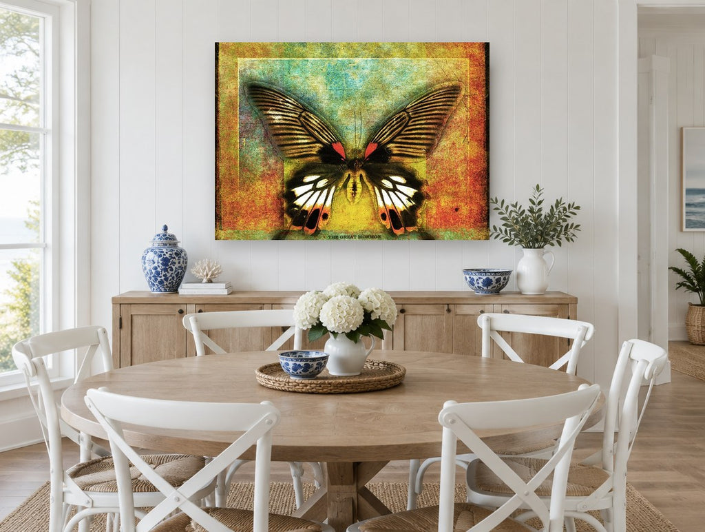 Mormon Butterfly Textured Panel animal canvas print on the wall of a Hamptons dining room