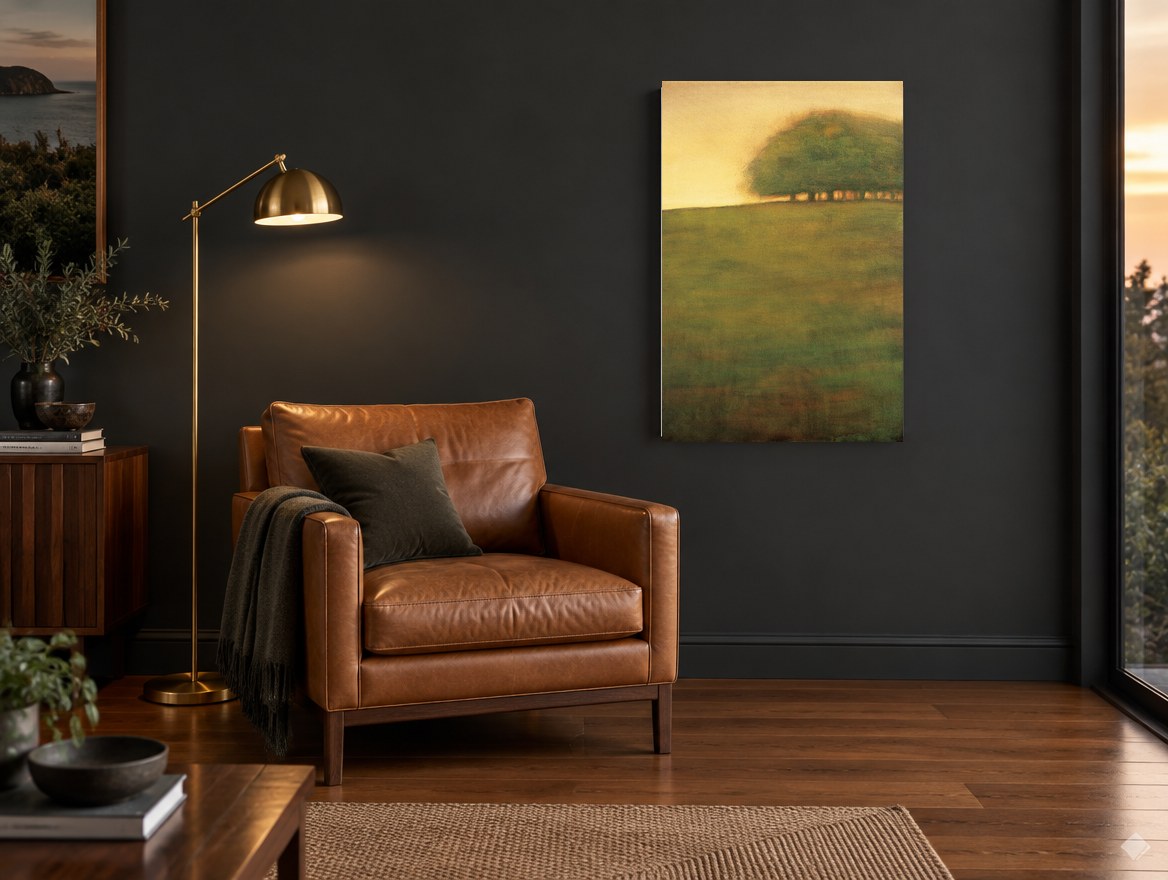 Grove at Dusk landscape canvas print on the wall of a charcoal living room