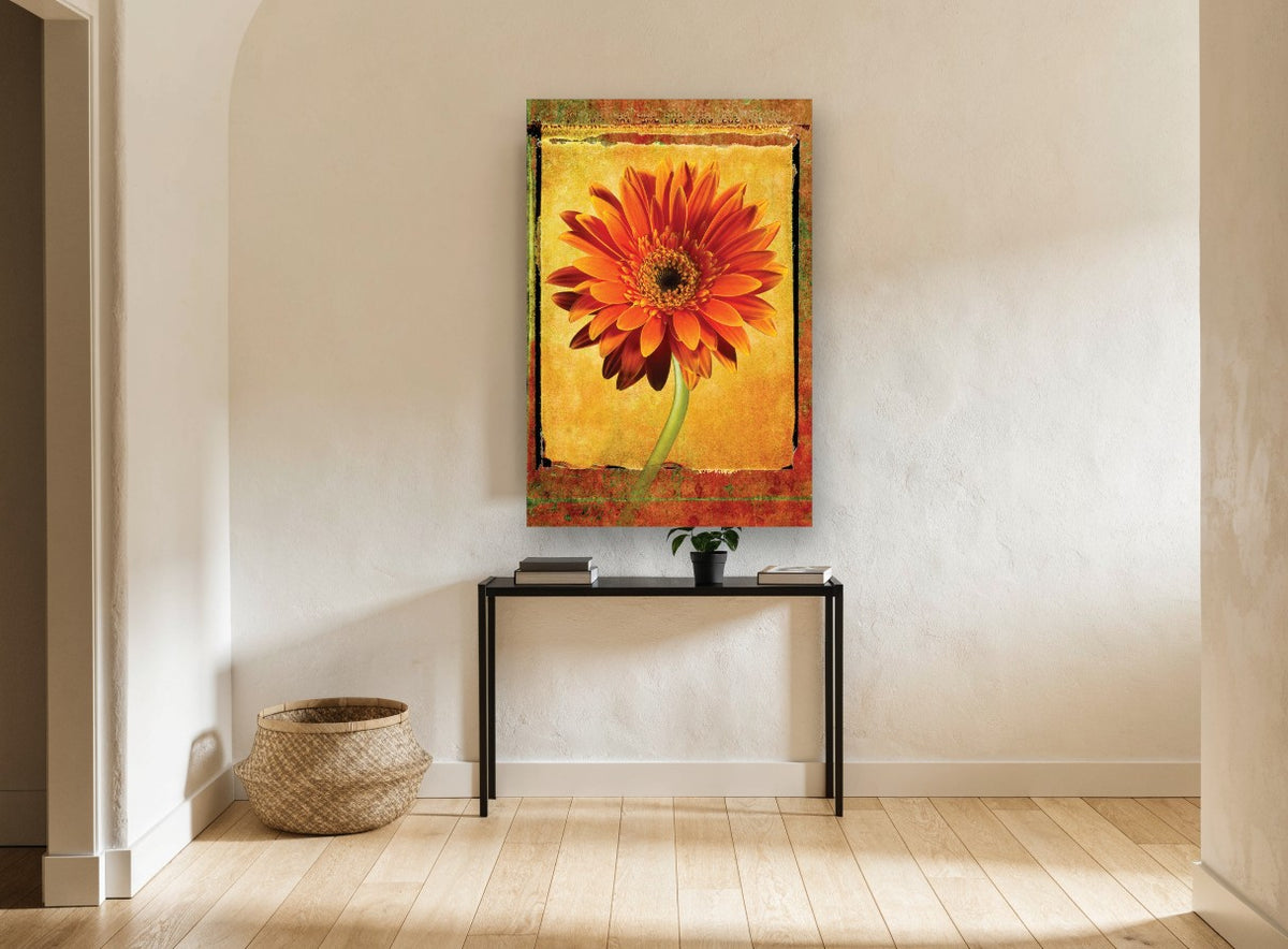 Orange Gerbera Frame floral canvas print on the wall of a hallway