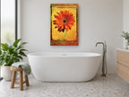 Orange Gerbera Frame floral canvas print on the wall of a bathroom